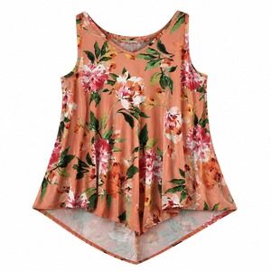 First Love Orange Floral Sharkbite Hem Tank Top Sleeveless V-Neck Blouse XL